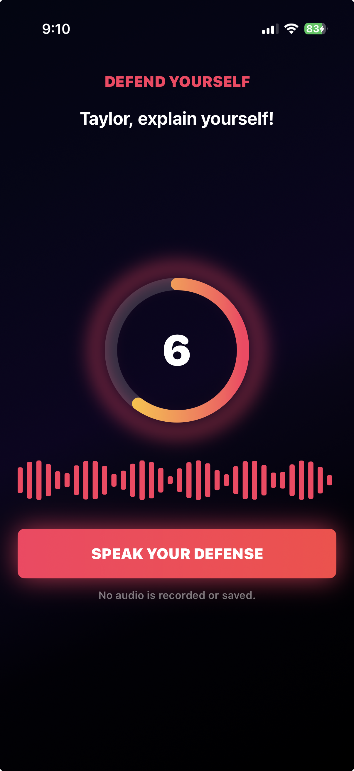 DOUBT defense screen with a countdown and no audio recorded message