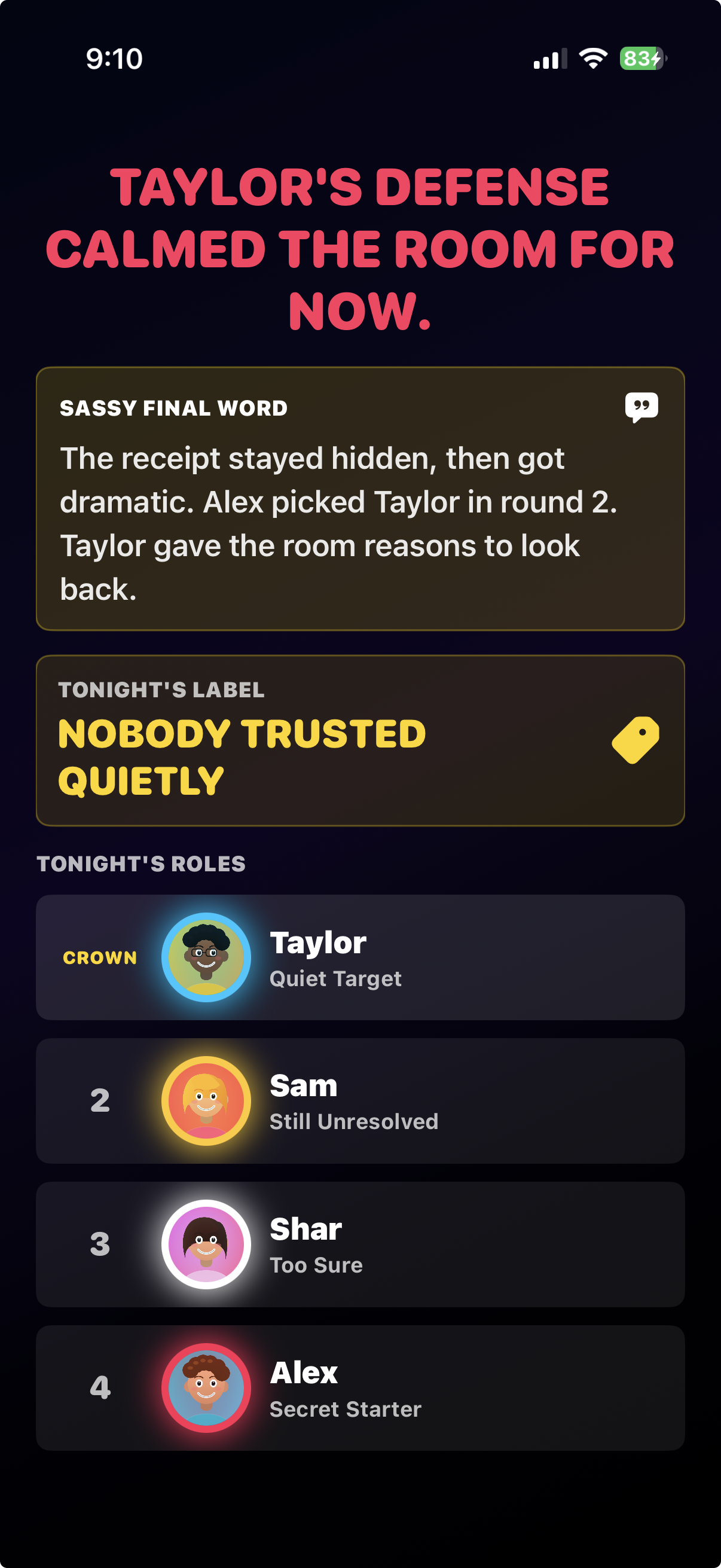 DOUBT final results screen with roles and receipts