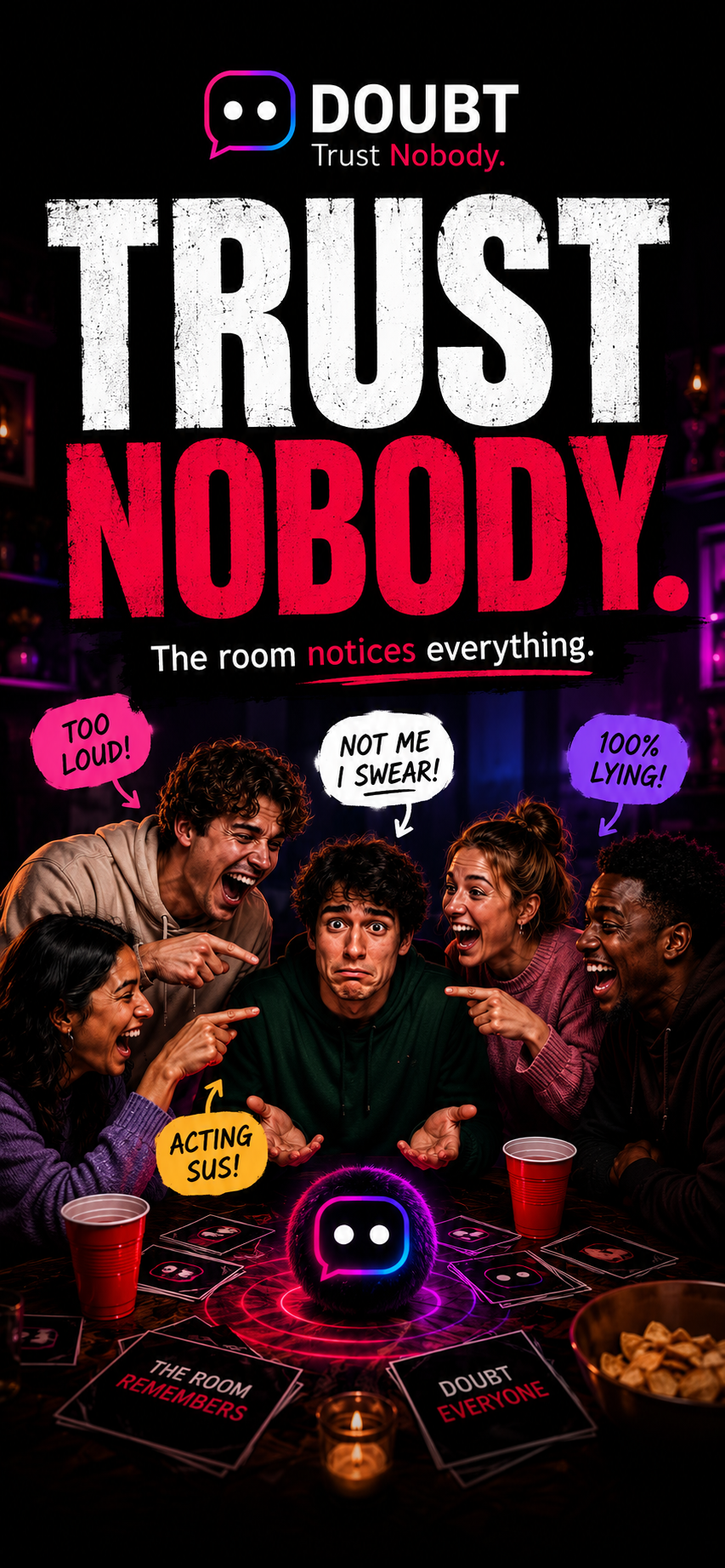 Friends around a table playing DOUBT with the headline Trust Nobody