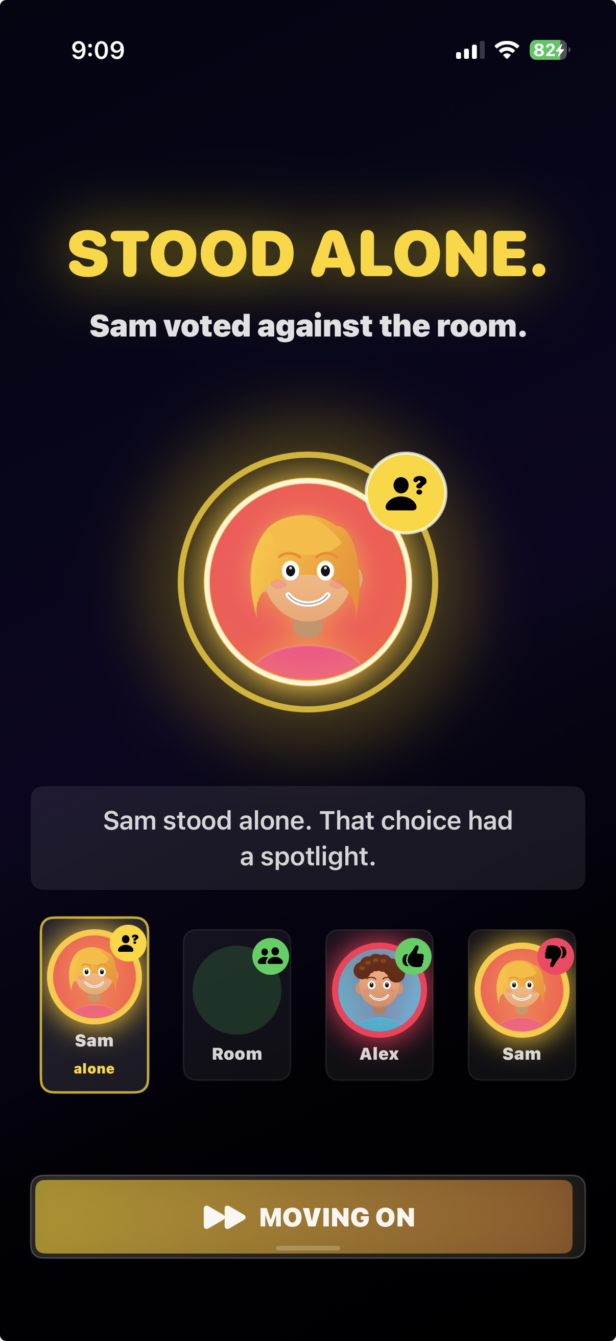 DOUBT result screen showing a player stood alone